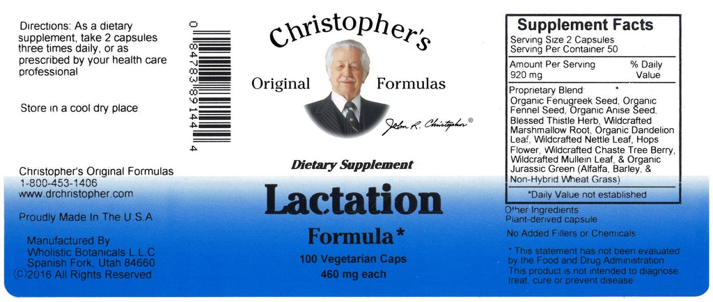 Lactation Formula - 100 Capsules - Christopher's Herb Shop