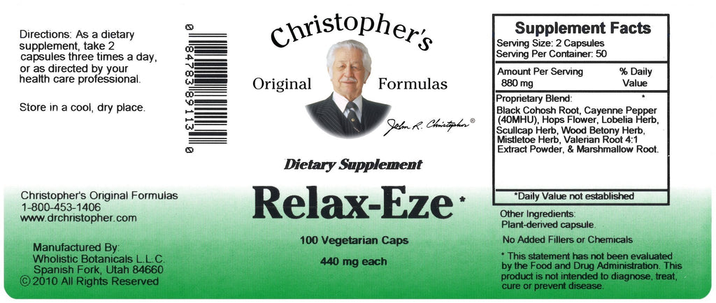 Relax-Eze - 100 Capsules - Christopher's Herb Shop