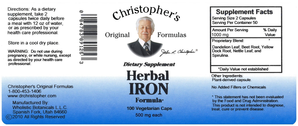 Herbal Iron Formula - 100 Capsules - Christopher's Herb Shop